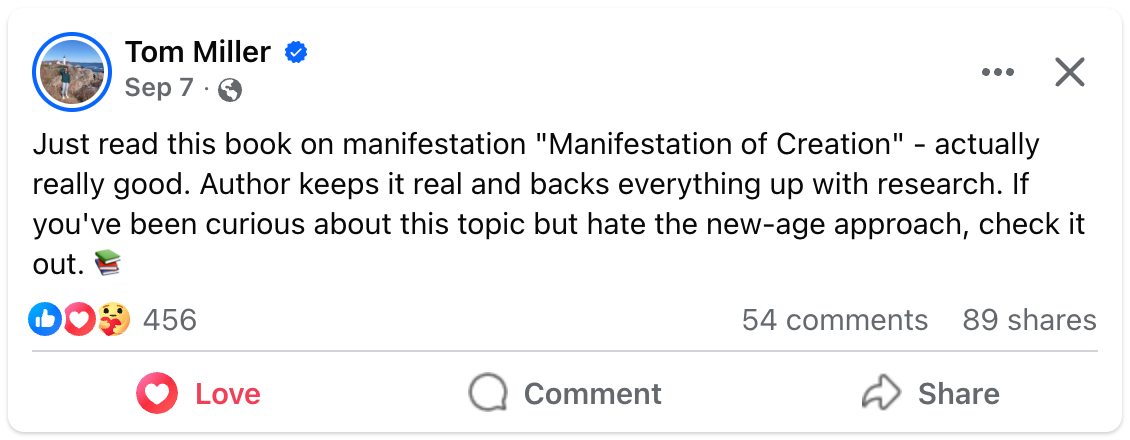 Facebook review post about the book "Manifestation of Creation" by Kain Vale, praising its research-backed, realistic approach to manifestation without new-age concepts.