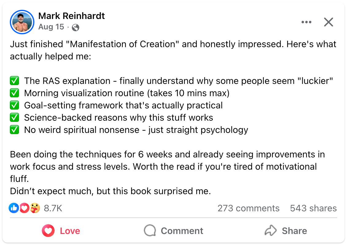 Facebook post review of "Manifestation of Creation" by Kain Vale highlighting RAS explanation, visualization routine, practical goal-setting, science-backed methods, and psychology-based manifestation without spiritual nonsense.